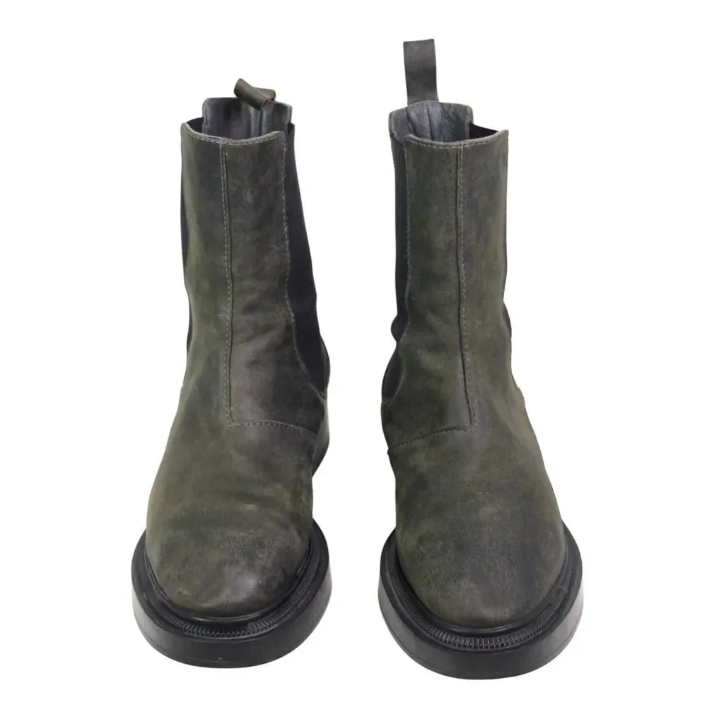 ALL BLACK GRAY REAL LEATHER LOW HEEL ROUND TOE ELASTIC SIDES ANKLE BOOTS Sz 37